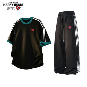 CHARLES JANGS HAPPY HEART | Couples Heart-patterned Summer Sportswear Stripe Contrast Design