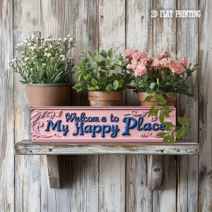 Vintage "Welcome to My Happy Place" Pink Metal Sign - 4x16" Rustic Foyer Living Room Decor Housewarming Gift