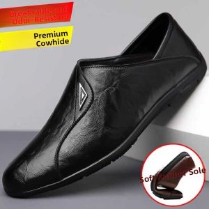 Mens Summer Breathable Anti-Odor Soft Bottom Driving Shoes Casual Leather Slip-On Bean Bean Shoes Comfortable Rubber Sole