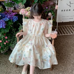 Princess Style Floral Print Short Sleeve Dress Summer Thin Cotton Childrens Dress Girls Sweet Cute Fashionable Dress for Kids