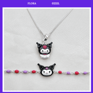 FLORA 0232L - Set bạc S925 dây chuyền lắc tay hình Kuromi màu đen dành cho bé gái