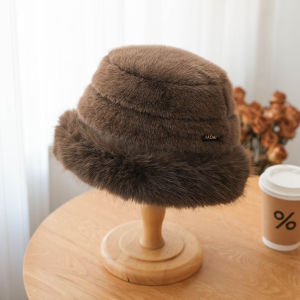 Winter Thick Plush Fisherman Hat Girls Outdoor Cold-Proof Heattech Flat Top Bucket Hat Atmosphere Show Face Small Bag Cap