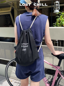 Lost Chill Korean Style Large Capacity Drawstring Letter Backpack Outdoor Travel Bag Casual Foldable Canvas Shoulder Bag