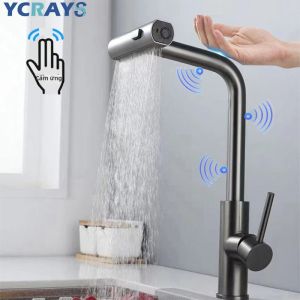 Vòi Rửa Chén Cảm Ứng YCRAYS Mạ Đen Xước 3 Chế Độ Thác Nước Vòi Kéo Ra Nóng Lạnh Tích Hợp Vòi Rút