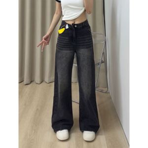 กางเกงยีนส์ทรงตรงสีดำไซส์ใหญ่สำหรับผู้หญิง กางเกงขายาวเอวสูงทรงหลวมสำหรับฤดูใบไม้ผลิและฤดูใบไม้ร่วง ทรงเข้ารูป