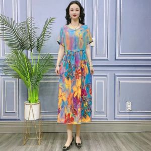 Summer Floral Print Silk Dress for Middle-aged and Elderly Women Loose Waist A-line Skirt Long Sleeve Pullover Crewneck