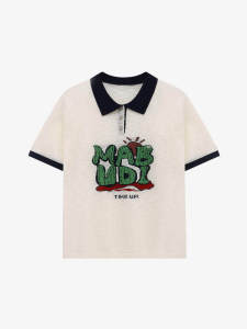 Basic House | Color Block Polo Collar Short Sleeve Summer Lightweight Letter Jacquard Top