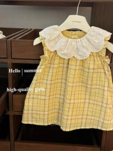 Váy Công Chúa Thêu Cổ Điển Pháp Mới Cho Bé Gái Họa Tiết Kẻ Caro Màu Vàng Tay Lỡ Cổ Bẻ Váy Cotton Mùa Hè 2025