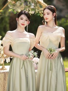 ชุดสาวต้อนรับงานแต่งงานสีเขียวซาติน ชุดราตรีขนาดใหญ่ ชุดนางฟ้า ชุดราตรียาว ชุดราตรีสไตล์เกาหลี กระโปรงยาวคลุมเข่า