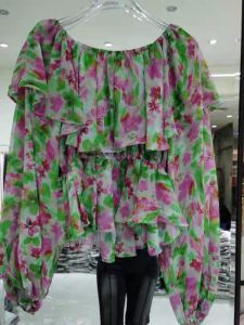 Fashionable Brand Discount Womens Slim Fit Shirced Ruffles Long Sleeve Chiffon Blouse with One-Word Collar French Style