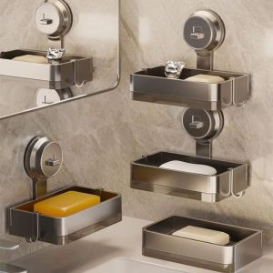 Wall-mounted Suction Cup Soap Box Space Aluminum Bathroom Shelf Washroom Soap Box Drain Rack Toilet Washing Table Storage