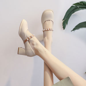 รองเท้าส้นสูงหนังแท้สำหรับผู้หญิง ฤดูใบไม้ผลิและฤดูใบไม้ร่วง ระบายอากาศได้ดี สไตล์ฝรั่งเศส Mary Janes รองเท้าส้นหนาแบบลำลอง รองเท้าส้นเดี่ยว