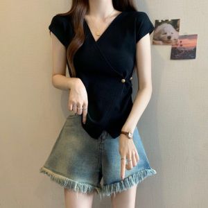 Áo Len Dệt Kim Mùa Hè Cổ Chữ V Tay Ngắn Phong Cách Hàn Quốc Cho Nữ Áo Vest Ngắn Thiết Kế Đơn Giản Thanh Lịch