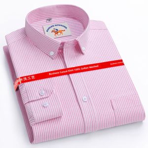 Mens Pure Cotton Oxford Shirt Long Sleeve Pink Stripes Iron-Free Anti-Wrinkle Large Size Casual Wear Autumn Season Business Gentleman Style
