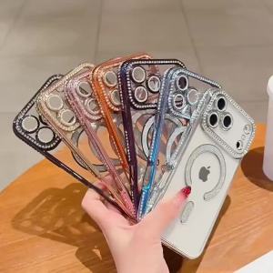 Plating Glitter Diamond Rhinestone Magnetic Wireless Charging Case For iPhone 17 Pro Max Air 16 15 14 13 12 Soft Silicone Cover