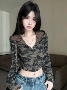 GUZILIAN | American Style Hot Girl Camouflage Long Sleeve Hooded Jacket Womens Early Autumn New Unique Slimming Zipper Short Coat
