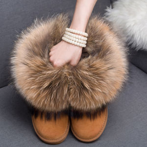 Womens Fox Fur Short Snow Boots Leather Low Top Inner Heightening Short Boots Sheepskin Lined Winter Fashion Boots UGQY
