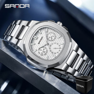 SANDA 7053 Mens Quartz Watch Stainless Steel Square Waterproof Three Eye Six Needle Chronograph Night Light Mens Quartz Watch