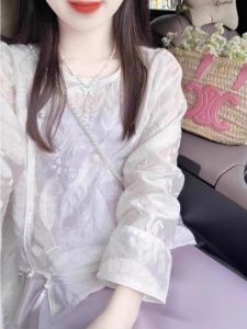 Womens Autumn Fashion Embroidered Shanghai Style Set: Button-Up Shirt with Long Sleeves and Suspender Skirt