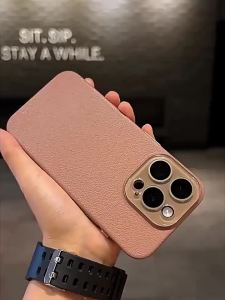 Luxury Crystal Lens Protect Lychee Texture Leather Phone Case For iPhone 16 15 14 13 12 11 Pro Max Plus Shockproof Hard PC Cover