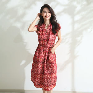 Miccbeirn | Retro Silk Cotton Sleeveless Dress V-neck High Waist Slimming A-line Midi Skirt Print Summer Fashion Elegant Gown