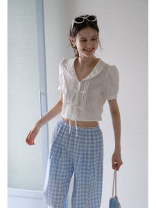 Eggka White Ruffle V-Neck Butterfly Knot Doll Collar Short Shirt Women Summer French Style Slimming Shoulder Level Top