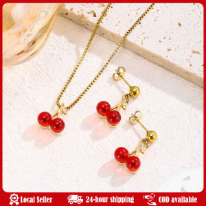 New Personalized Creative Red Color Cherry Pendant Necklace Earrings Ladies Fashion Wedding Banquet Temperament Accessories Gift Wine Red Cherry Gold Color Pendant Necklace for Women Personality Fashion Necklace Earring Wedding Jewelry Birthday Gifts