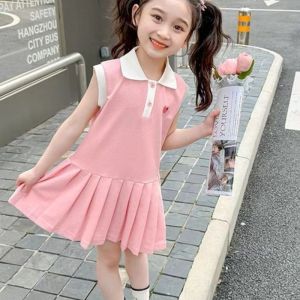 Fashionable Sleeveless Heart Polo Dress Princess Style Short Sleeve Dress for Girls Cute Casual Cotton Polyester Spring Autumn