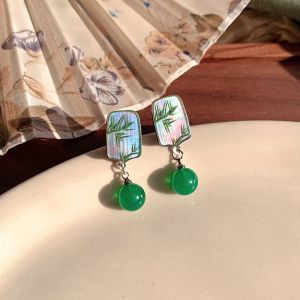 Elegant Green Agate Bamboo Earrings for Women Unique Vintage Chinese Style Autumn Winter Fashion Jewelry Accessories