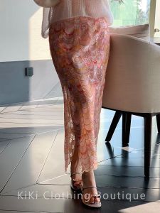 Alisa.Sonya Pink Mermaid Fish scale sequin half length skirt with elegant and golden high waisted split wrap buttocks long skirt sequin glitter skirt