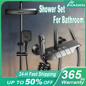 HADEN Gun Grey 4 In 1 Square Piano Key Design Hot And Cold Shower Set For Bathroom With Mixer Faucet
