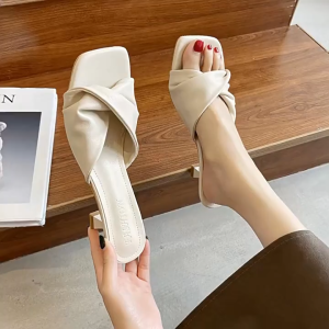 Versatile Low Heel Slip-On Mules Elegant Twist Front Square Toe Slippers