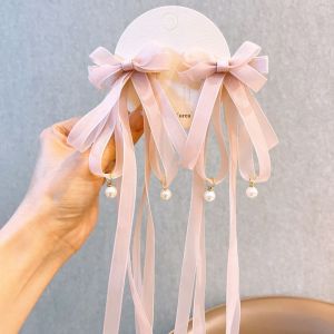 Toddler Girls Pink Off-white Bow Hair Clips with Long Ribbon and Pendant Sweet Tassel Hair Accessories for Party Daily Wear W023