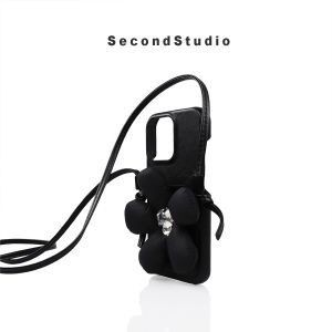 Fashionable Black Leather Phone Case with Hanging Rope Slant Crossbody  16 pro Small Sheepskin Texture Floral Design
