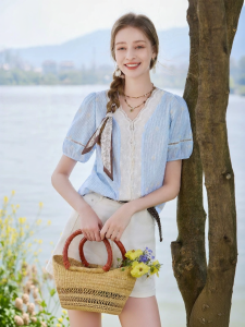 XIANGYING | French Style Puff Sleeves Intelligent Lace Cotton Shirt