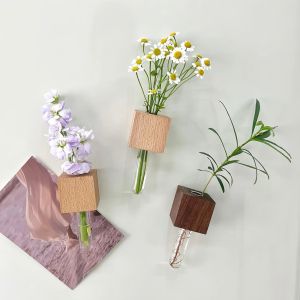 Handmade Glass Flower Vase Magnetic Refrigerator Ornament Wooden Stick Flower Holder Japanese Style Zakka Decorative Home Accessories