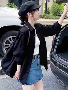 XUNYI | Áo Sơ Mi Dài Tay Màu Đen Sang Trọng Cho Nữ