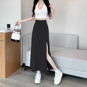 High Slit Modal Long Skirt Women Summer Thin A-Line Midi Skirt High Waist Bodycon Black Dress Casual Commute Pure Color