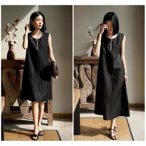Váy Dài Không Tay Cổ Tròn Thanh Lịch Họa Tiết Nứt Đính Hạt Phong Cách Hepburn Váy Nữ Mùa Hè Dáng Chữ A Không Tay