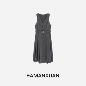 FAMANXUAN | Grey Woolen A-Line Sleeveless V-Neck Pleated Dress