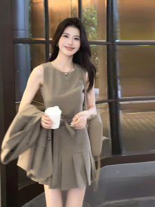 Fashionable Long Sleeve Pleated Skirt And Jacket Set Womens Loose Fit Autumn Collection High Waist Two Piece Suit Cotton Blend