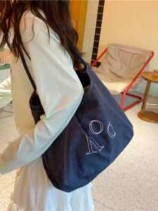 Large Capacity Denim Letter Womens Bag Korean Style Tote Bag Commuter Bag Underarm Single Shoulder Bag Casual Handbag