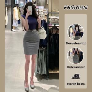 Spicy Girl Pure Desire Summer 2024 Slim Fit High Waist Sleeveless T-Shirt Top Half Body Skirt Two Piece Set round Neck