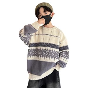 Winter Boys Sweater round Neck Pullover Versatile Knitted Shirt for Middle And Large Children Warm Casual Polyester Fiber