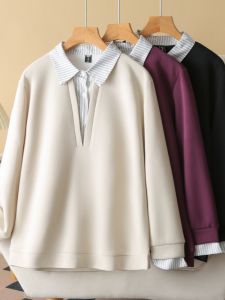 เสื้อสเวตเตอร์คอโปโลลายทางแขนยาวสไตล์เกาหลี ทรงหลวม ผ้าโพลีเอสเตอร์ ฤดูใบไม้ร่วง 2024 เสื้อชั้นในแฟชั่นสำหรับผู้หญิงไซส์ใหญ่