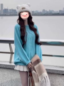BINKAFENNY | Soft Blue Knitted Sweater Womens Loose Outerwear Autumn Winter Lazy Style Super Beautiful Knit Top Comfortable Straight Tube
