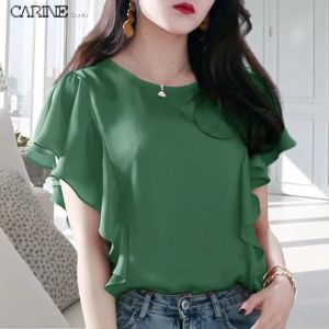 (XS-4XL)CARINE 2023 Womens Shirt Round Neck Ruffle Sleeve Short Sleeve Chiffon Blouse Summer Breathable T-shirt for Women