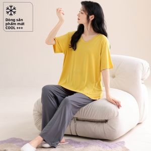 MiiOW | Bộ đồ ngủ Modal Ice Silk MiiOW mùa hè cho nữ Bộ đồ ngủ dài tay cổ chữ V màu trơn thường ngày thoải mái thoáng khí