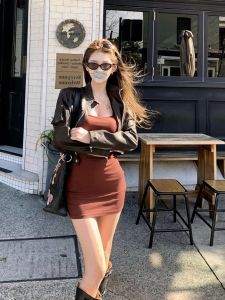 JMS Magic Agent American Workwear Sense Leather Coat Female Autumn Short Outwear/Halter Slim Fit Dress