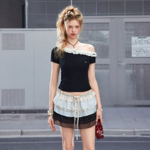 Unifree | Black Asymmetric Neck Short Sleeve T-shirt Women Slim Fit